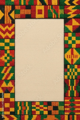 Bold Kente cloth frame surrounding a clean central space celebrating African unity heritage and pride perfect for Black History Month messages and cultural storytelling