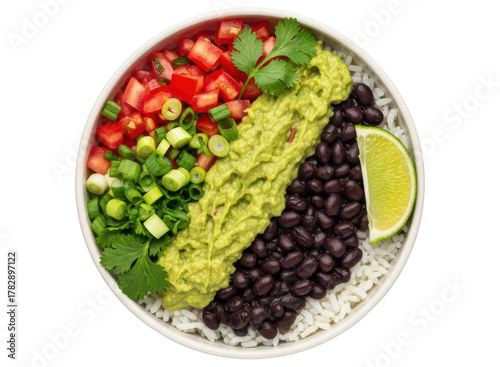 Delicious and vibrant mexican burrito bowl with rice, beans, guacamole, and fresh salsa