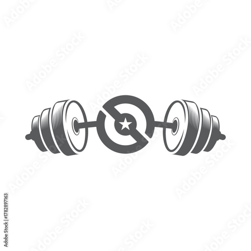 a barbell icon with a circle shield like the letter S and a star for a fitness logo