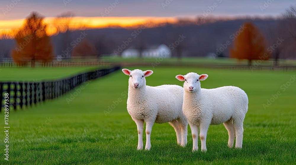 Obraz premium Two White Sheep Stand In Lush Green Field With Dark Wooden Fence Under A Warm Sunset Sky With Orange Hues And Bare Trees In The Background