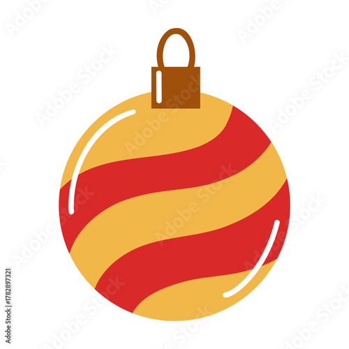 Flat style Christmas ball ornament with red wavy stripes. Festive icon. Hand drawn vector isolated illustration. 