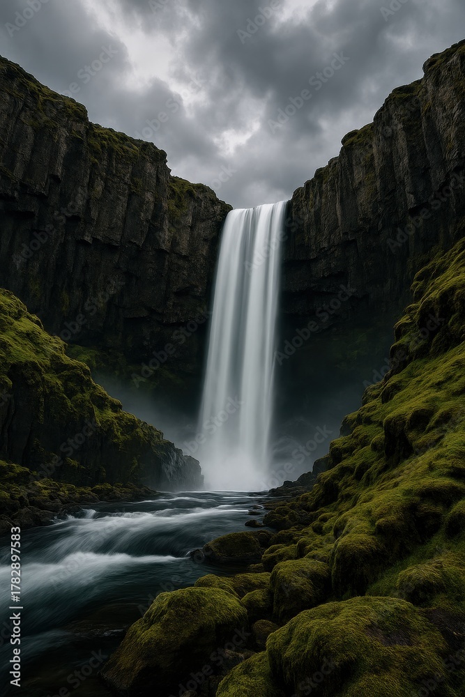 Obraz premium Mighty Skógafoss waterfall cascading into mist under moody Icelandic skies a dramatic Nordic landscape that blends raw power with ethereal beauty