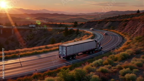 white semi-truck drives winding highway through mountains at golden sunset | travel, logistics, nature, business, transport theme