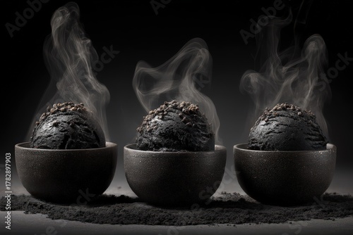 Unique black sesame ice cream spheres exuding steam in minimalistic textured bowls against a dark background accentuating culinary artistry and flavor innovation