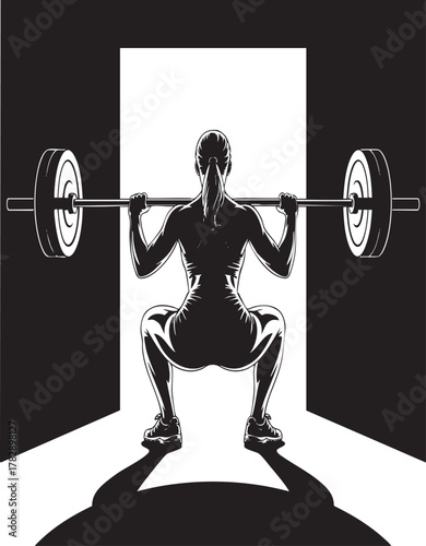 A dramatic black and white silhouette of a person squatting with a barbell, casting long shadows.