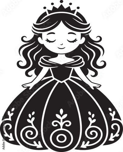 A stylized, black and white silhouette of a young princess wearing a crown and a detailed, ornate ballgown. Her eyes are closed.
