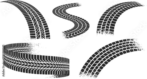 Wheel texture with splash effect. Tire tread marks after skidding, launch, drift, powerslide in motorsport, rally, off-road, motocross. Vector, EPS version.