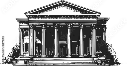 Classical building sketch, hand drawn vector, grand facade with columns and pediment — stock vector
