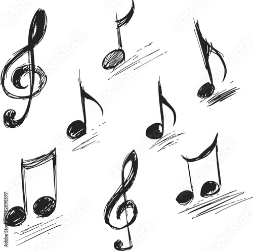 Musical notes sketch hand drawn set with treble clefs and various note symbols — stock vector