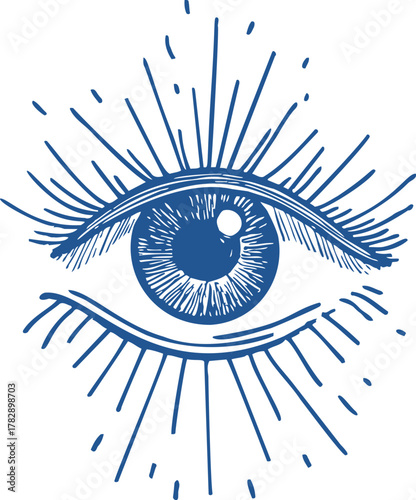Eye sketch hand drawn style with radiating lines and detailed iris — stock vector
