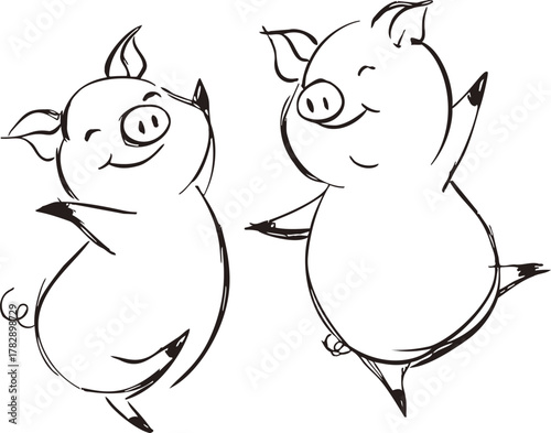 Dancing pigs sketch, hand drawn style, joyful cartoon animals leaping — stock vector