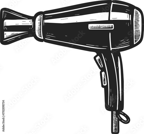 Hair dryer sketch hand drawn style with detailed nozzle and handle — stock vector