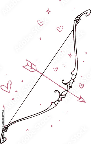 Cupid bow and arrow sketch, hand drawn romantic weapon with hearts and decorative details — stock vector