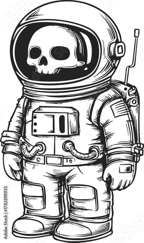 Astronaut skull sketch, hand drawn vector, detailed spacesuit and helmet with skull inside — stock vector
