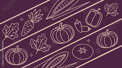 Simple outline vegetables pattern on dark purple background