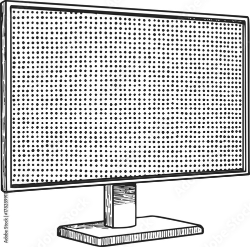 Computer monitor, hand drawn sketch with dot pattern screen and stand — stock vector