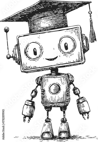 Robot wearing graduation cap sketch, hand drawn style, cheerful academic character — stock vector