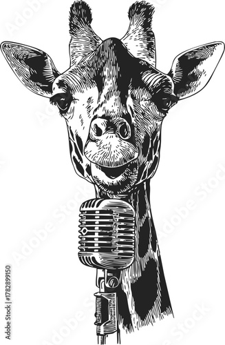 Giraffe sketch hand drawn style with vintage microphone, humorous animal portrait — stock vector