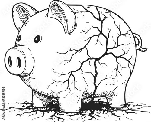Piggy bank sketch, hand drawn style, cracked surface and ground — stock vector