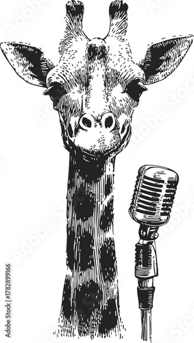 Giraffe sketch hand drawn style with vintage microphone, humorous animal portrait — stock vector