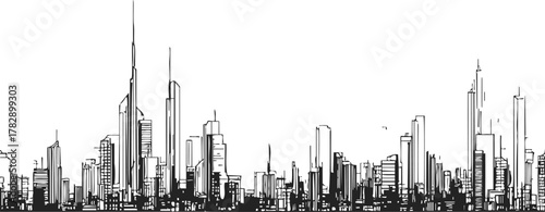 City skyline sketch, hand drawn vector with tall skyscrapers and urban buildings — stock vector