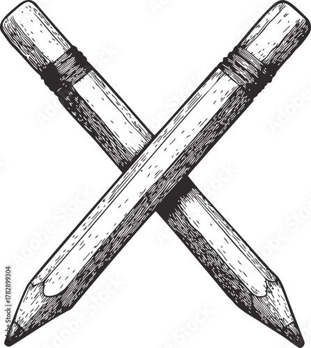 Pencils crossed sketch, hand drawn style, detailed wood texture, isolated on white — stock vector