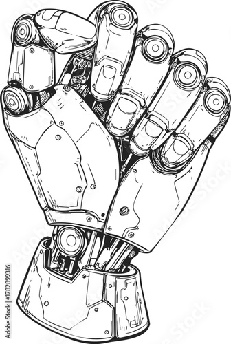 Robotic hand sketch, hand drawn style, detailed mechanical fist gesture — stock vector