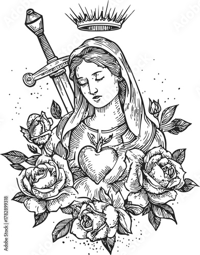 Immaculate Heart of Mary sketch, hand drawn style, surrounded by roses, sword, and crown — stock vector