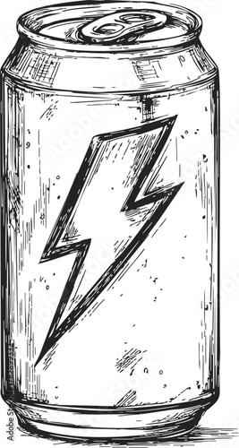 Energy drink can sketch, hand drawn style with bold lightning bolt symbol — stock vector