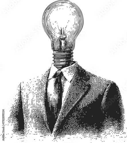 Light bulb head sketch, hand drawn man in suit with lightbulb as head — stock vector