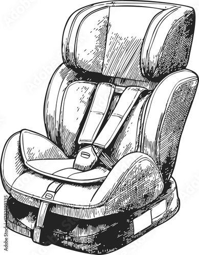 Car seat, hand drawn sketch line art, child safety vehicle protection — stock vector
