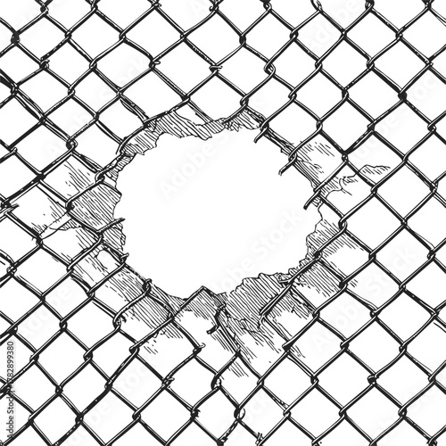 Chain-link fence sketch with large torn hole in center — stock vector