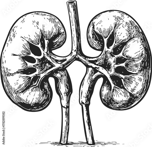 Kidneys sketch hand drawn anatomical illustration showing internal structure and renal vessels — stock vector