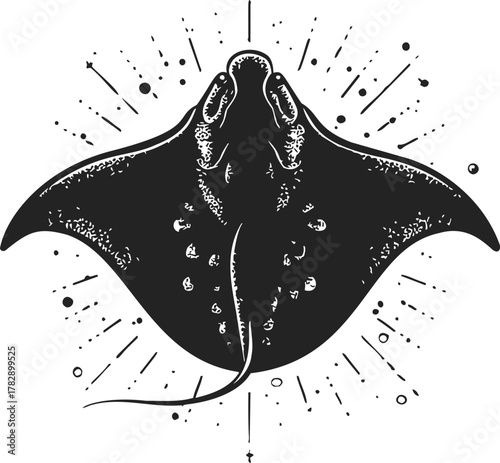 Manta ray hand drawn sketch, black and white line art with radiating rays — stock vector