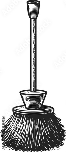 Toilet brush sketch hand drawn style with long handle and bristle head — stock vector