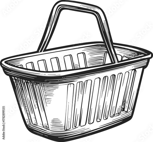 Shopping basket sketch, hand drawn vector, single handle, detailed line art, isolated — stock vector