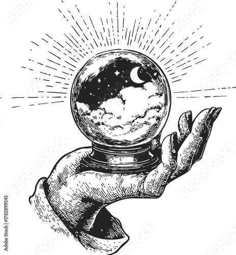 Crystal ball sketch hand drawn style with moon and stars in hand — stock vector