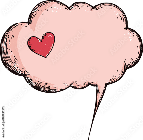 Pink speech bubble sketch with hand drawn heart and textured outline — stock vector