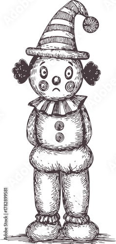 Sad clown sketch hand drawn in vintage style with big hat and ruffled collar — stock vector