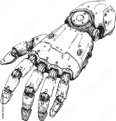 Robotic hand sketch, hand drawn mechanical fingers and palm, detailed sci-fi prosthetic — stock vector