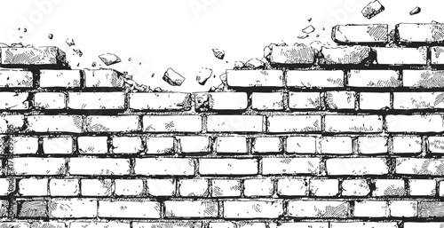 Broken brick wall sketch, hand drawn style with crumbling bricks and debris — stock vector