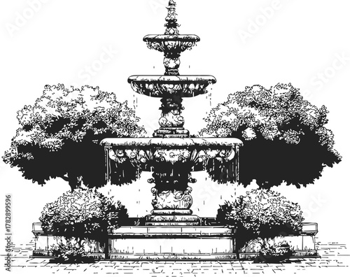 Fountain sketch, hand drawn ornate tiered garden fountain with decorative details and surrounding bushes — stock vector