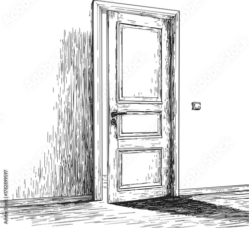 Wooden door sketch, hand drawn style, open door casting shadow on floor — stock vector