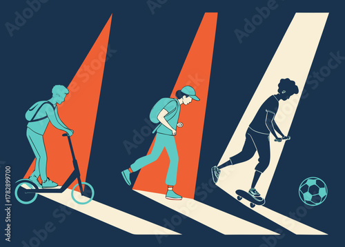 Diverse youth activities with scooters skateboards and soccer balls