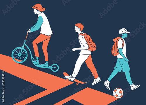 Diverse youth engage in active transportation and play