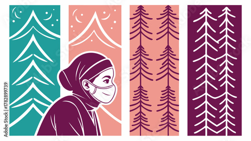 Stylized portrait of a person wearing a face mask with forest backgrounds