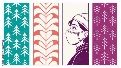 Stylized vertical panels featuring trees abstract hearts and a masked person