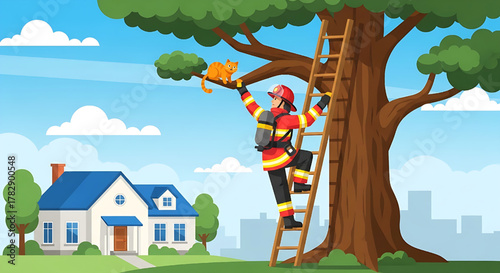 Firefighter Rescuing Cat From Tree Illustration for Safety Concept