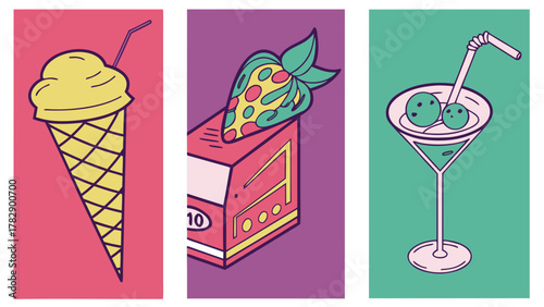 Retro summer treats ice cream strawberry cocktail and martini
