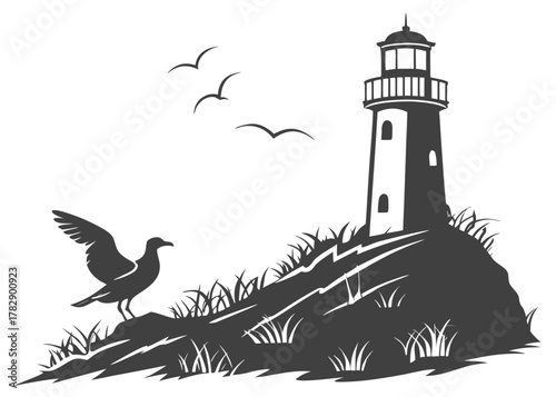Seagull and lighthouse on a grassy hill with flying birds